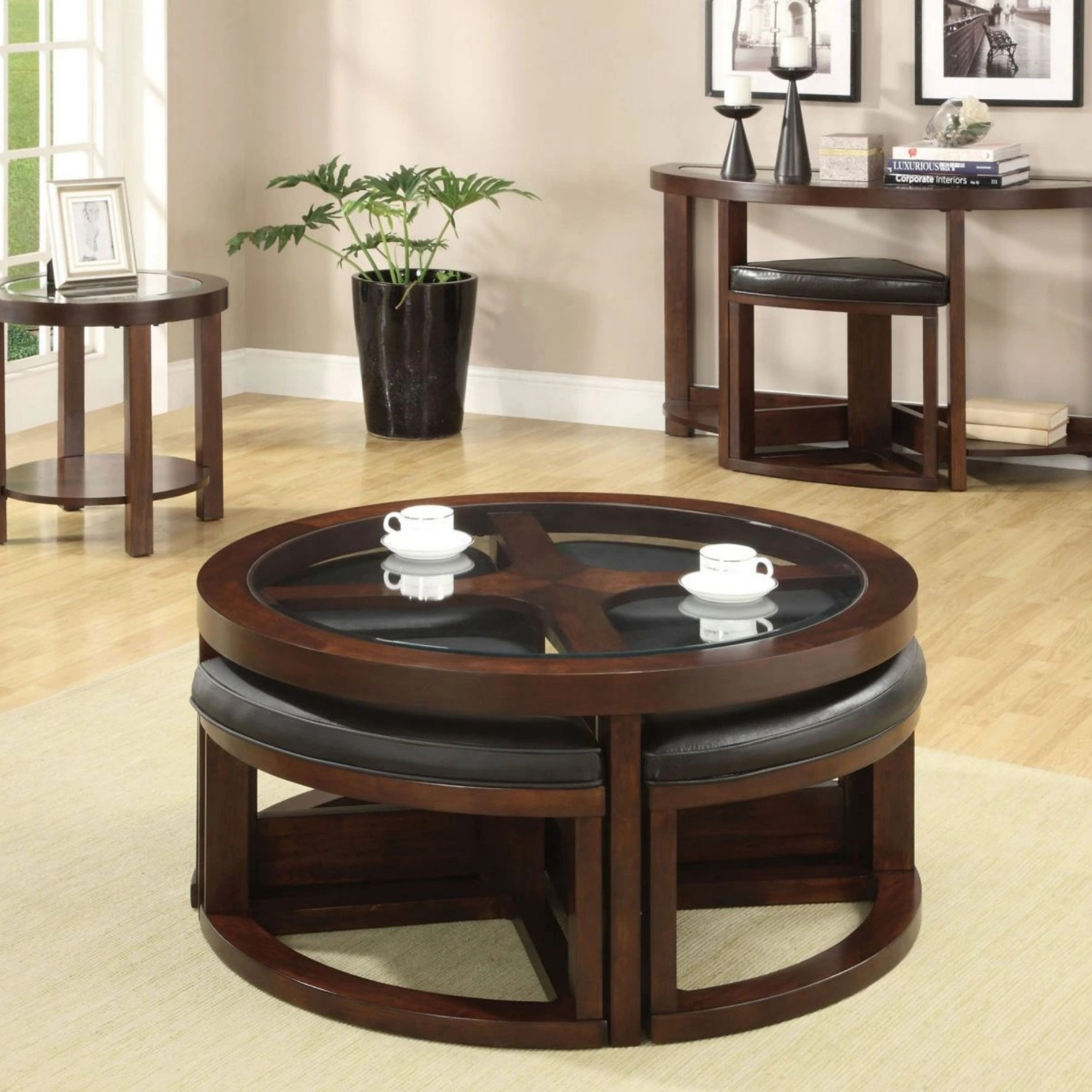 Hokku Designs Dark Walnut Coffee Table Glass Insert Top Ottoman